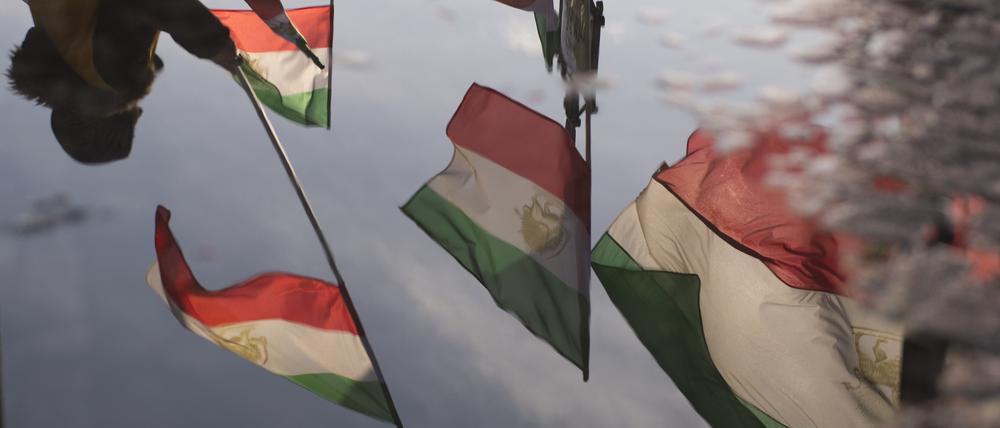 Demonstranten protestieren am 03.01.2018 in Berlin vor dem Brandenburger Tor mit Fahnen und Transparenten gegen das iranische Regime.
