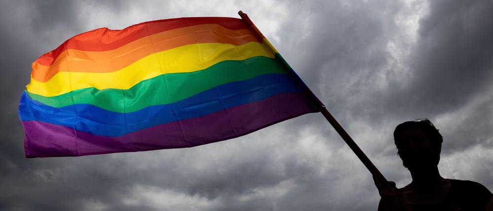 Eine Person trägt bei der Gedenkfeier für die sogenannten Rosa-Winkel-Häftlinge des Konzentrationslagers Buchenwald eine Regenbogenfahne.