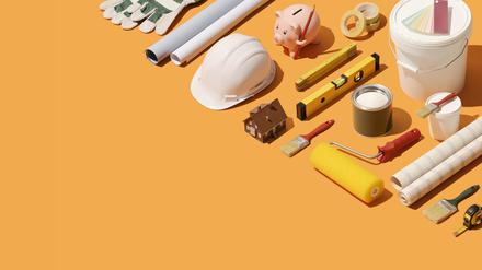 Home renovation, repair and construction: isometric model house and tools with copy space
Hausbau