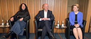 Bettina Jarasch, Kai Wegner und Franziska Giffey beim Spitzengespräch zur Wiederholungswahl zum Abgeordnetenhaus 2023 im Ludwig-Erhard-Haus. Berlin, 16.01.2023
