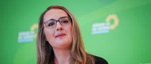 Katharina Dröge, Fraktionsvorsitzende von Bündnis 90/Die Grünen, gibt zu Beginn der Fraktionssitzung ihrer Partei ein Pressestatement.