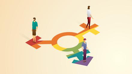 She, he, they, with gender pronouns in speech bubbles stand on gender dysphoria symbol. isometric vector illustration.