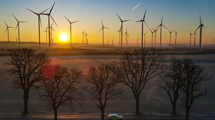 Brandenburg, Jacobsdorf: Sonnenaufgang über dem Windenergiepark „Odervorland“. 
