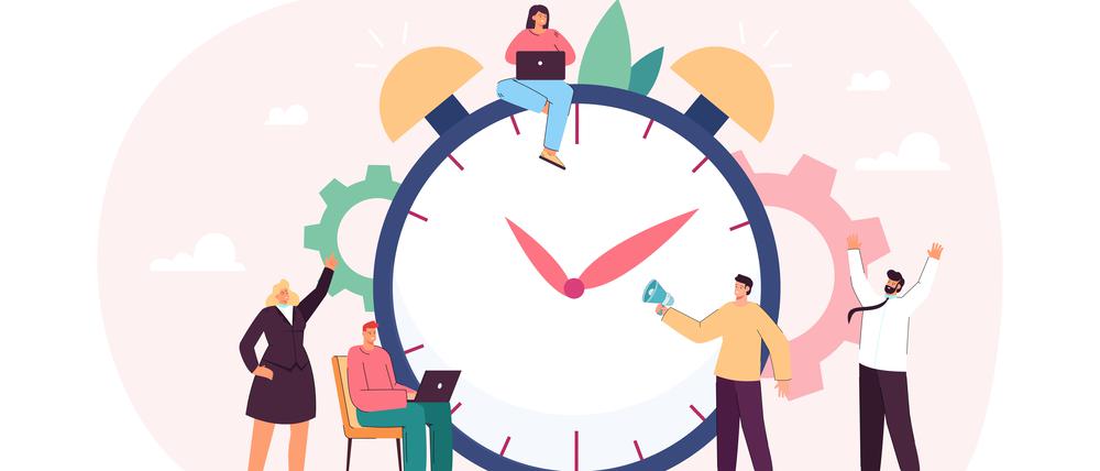 Huge chronometer and team of tiny business cartoon people. Early morning alarm to work or school, countdown, flat vector illustration. Time management, technology concept for banner, website design