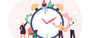 Huge chronometer and team of tiny business cartoon people. Early morning alarm to work or school, countdown, flat vector illustration. Time management, technology concept for banner, website design