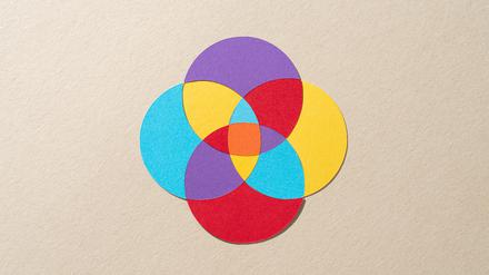 Paper Craft Multi Layered Colorful Venn Diagram Composed of Four Crossing Circles on Beige Background Directly Above View.
Mischfond