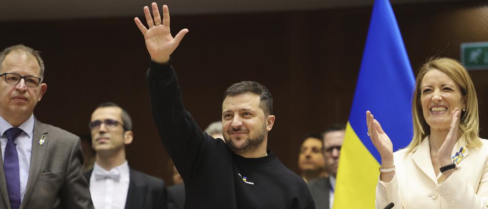 Wolodymyr Selenskyj am Donnerstag zu Besuch bei der EU-Spitze in Brüssel. Zuvor war er in London und Paris. 