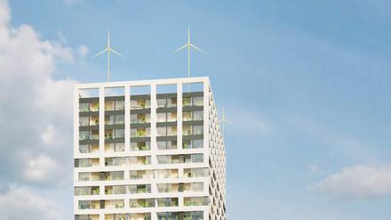 Das Howoge-Hochhaus „Liese“ in Lichtenberg soll vier Windturbinen auf dem Dach haben.