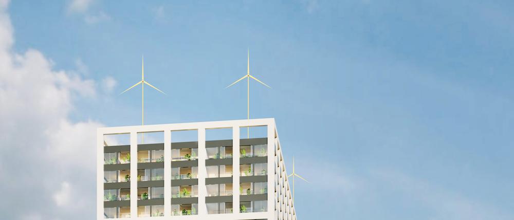 Das Howoge-Hochhaus „Liese“ in Lichtenberg soll vier Windturbinen auf dem Dach haben.