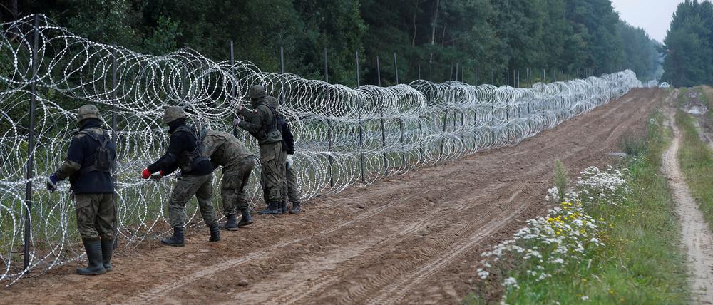 Polnische Soldaten errichten einen Zaun an der Grenze zu Belarus.