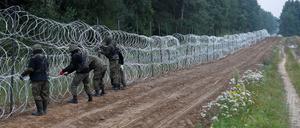 Polnische Soldaten errichten einen Zaun an der Grenze zu Belarus. 