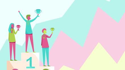Three Competitors Drawing Standing On Podium Holding Trophies Celebrating Victory. Contestants Drawing Stands On Platform Wearing Medal Carrying Tournament Cups.