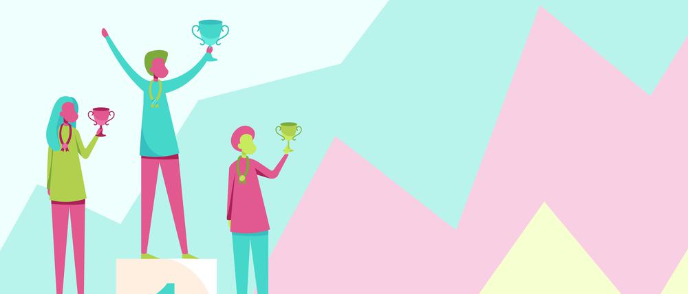 Three Competitors Drawing Standing On Podium Holding Trophies Celebrating Victory. Contestants Drawing Stands On Platform Wearing Medal Carrying Tournament Cups.