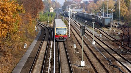 Ein S-Bahnzug auf der Linie S1 kurz vor Einfahrt in den Bahnhof Lichterfelde-West. 
