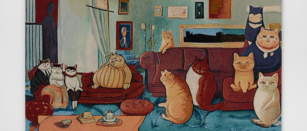 Jonas Lunds Wandteppich „The Fat Cats of the Art World“ entstand auf Basis eines Austauschs mit ChatGPT.