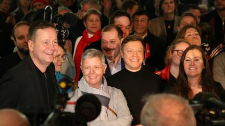 Linken-Spitzenkandidat Klaus Lederer, die Landesvorsitzende Katina Schubert und die Bundesvorsitzenden Martin Schirdewan und Janine Wissler.