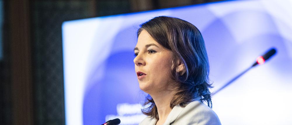 Annalena Baerbock, Außenministerin, und Pekka Haavisto, Außenminister von Finnland, sprechen im Ständehaus bei einer Pressekonferenz.