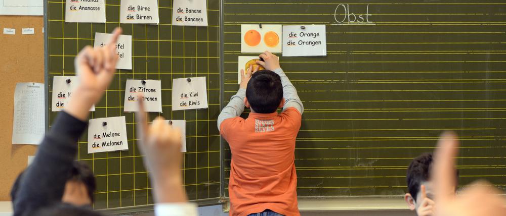 ARCHIV - ILLUSTRATION - Kinder einer Willkommensklasse nehmen am 07.01.2016 in Berlin in der Leo-Lionni Grundschule am Deutschunterricht teil. (zu dpa «Studie «Chancenspiegel»: Jeder achte Ausländer bricht die Schule ab» vom 01.03.2017) Foto: Britta Pedersen/dpa-Zentralbild/dpa +++ dpa-Bildfunk +++