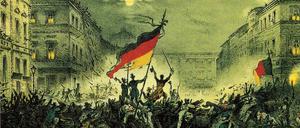Auf die Barrikaden. Jubelnde Revolutionäre am 18. März 1848 in der Breiten Straße in Berlin.