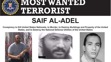 Das Fahndungsplakat, herausgegeben vom FBI, zeigt verschiedene Abbildungen von Saif al-Adel.