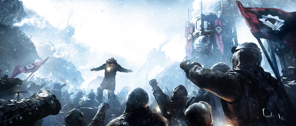 Bring deine Leute durch den Winter. Artwork aus dem Computerspiel „Frostpunk“.