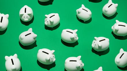 16 small white piggy banks placed randomly on green surface, high angle of view
Verwirrung bei den Sparschweinen, Zinsen