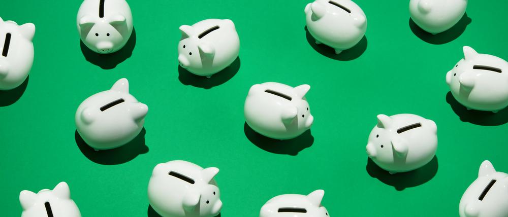 16 small white piggy banks placed randomly on green surface, high angle of view
Verwirrung bei den Sparschweinen, Zinsen