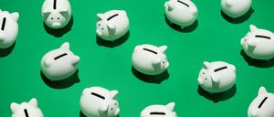 16 small white piggy banks placed randomly on green surface, high angle of view
Verwirrung bei den Sparschweinen, Zinsen
