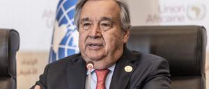 United Nation's Secretary-General Antonio Guterres speaks during a press conference after the end of the 36th Ordinary Session of the Assembly of the African Union (AU) at the Africa Union headquarters in Addis Ababa on February 18, 2023. (Photo by Amanuel Sileshi / AFP)