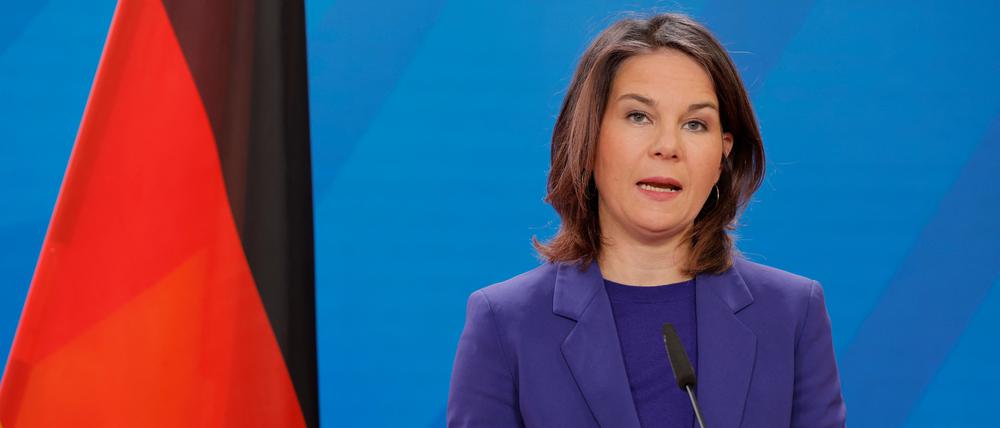 German Foreign Minister Annalena Baerbock speaks during address a joint press conference with the Secretary of Foreign Affairs of the Philippines on February 20, 2023 at the Foreign Office in Berlin. (Photo by Odd ANDERSEN / AFP)