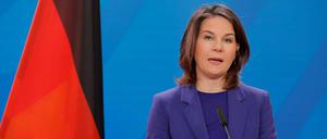 German Foreign Minister Annalena Baerbock speaks during address a joint press conference with the Secretary of Foreign Affairs of the Philippines on February 20, 2023 at the Foreign Office in Berlin. (Photo by Odd ANDERSEN / AFP)