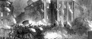 Barrikadenkämpfe am Alexanderplatz in Berlin in der Nacht vom 18. zum 19. März 1848. Nach der französischen Februarrevolution sprang der revolutionäre Funke auch auf Deutschland über. Die deutschen Demokraten stellten ihre Märzforderungen auf: Erlaß einer konstitutionellen Verfassung, ein deutsches Parlament, Pressefreiheit usw. Nach anfänglichen Erfolgen siegte jedoch die Konterrevolution, da die Revolutionäre es versäumt hatten, sich der nötigen Machtmittel zu versichern. Nach dem Motto "Gegen Demokraten helfen nur Soldaten" wurden die Parlamentarier im Frühsommer 1849 wieder von ihren Bänken gejagt.