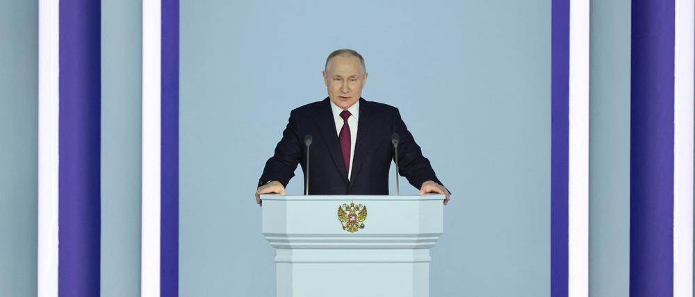 Der russische Präsident Wladimir Putin während seiner Rede.