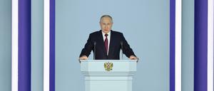 Der russische Präsident Wladimir Putin während seiner Rede.