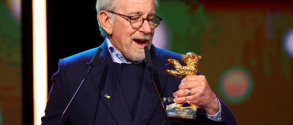 Director Steven Spielberg speaks as he holds the Honorary Golden Bear Award for Lifetime Achievement which he received at the 73rd Berlinale International Film Festival in Berlin, Germany, February 21, 2023. REUTERS/Fabrizio Bensch