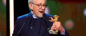 Director Steven Spielberg speaks as he holds the Honorary Golden Bear Award for Lifetime Achievement which he received at the 73rd Berlinale International Film Festival in Berlin, Germany, February 21, 2023. REUTERS/Fabrizio Bensch