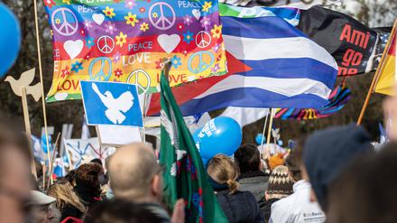 Wie sich die Szenen vermischen. Bei der Münchner Friedensdemo vom 18. trifft der Wunsch nach „Love and Peace“ auf die Forderung „Ami go home“. 