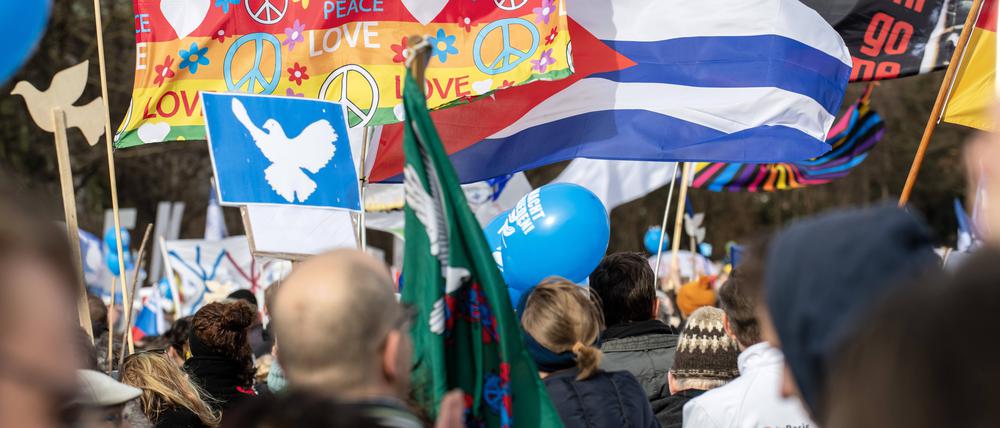 Wie sich die Szenen vermischen. Bei der Münchner Friedensdemo vom 18. trifft der Wunsch nach „Love and Peace“ auf die Forderung „Ami go home“. 
