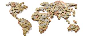 Global money map. World map made of money coins isolated on white background