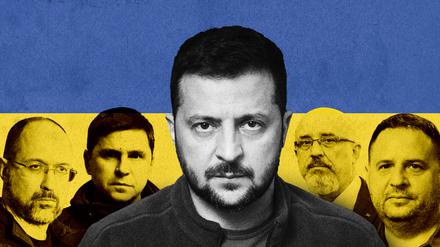 Der enge Kreis. Denys Schmyhal, Mychajlo Podoljak, Oleksij Resnikow und Andrij Jermak (v.l.) sind die engsten Mitarbeiter von Wolodymyr Selenskyj (m.).