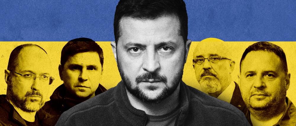 Der enge Kreis. Denys Schmyhal, Mychajlo Podoljak, Oleksij Resnikow und Andrij Jermak (v.l.) sind die engsten Mitarbeiter von Wolodymyr Selenskyj (m.).