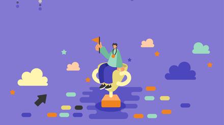 Man Sitting On His Trophy Celebrating Recent Success Over The Clouds. Athlete Winner With Gold Medal Honor New Achievement In The Sky. Businessman With Earned First Place Cup.