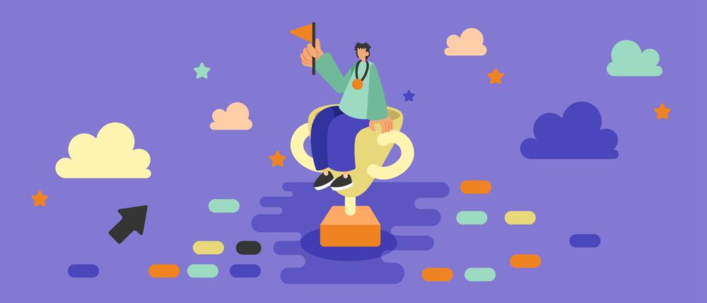 Man Sitting On His Trophy Celebrating Recent Success Over The Clouds. Athlete Winner With Gold Medal Honor New Achievement In The Sky. Businessman With Earned First Place Cup.