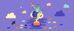 Man Sitting On His Trophy Celebrating Recent Success Over The Clouds. Athlete Winner With Gold Medal Honor New Achievement In The Sky. Businessman With Earned First Place Cup.