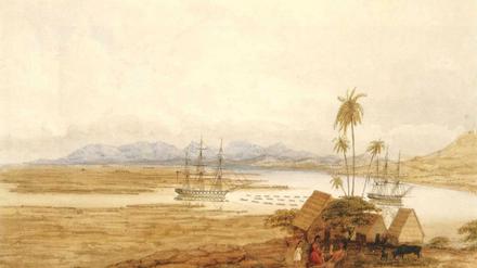 Eine Zeichnung von circa 1827 zeigt die „Einfahrt in den Hafen von Honolulu“ auf der Inselkette Hawaii, die heute zu den USA gehört.