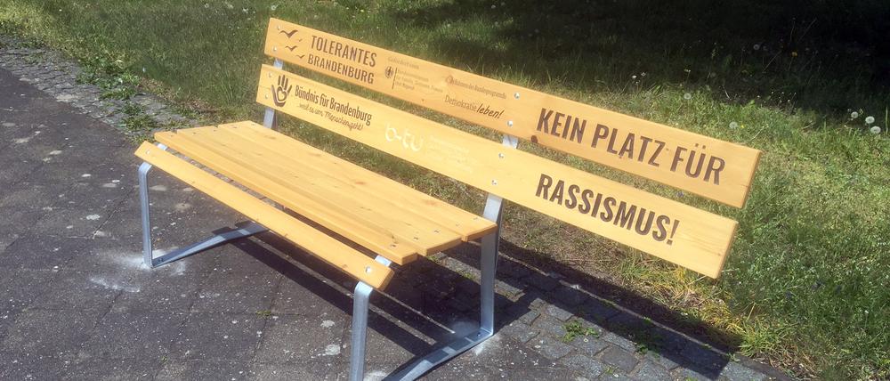 Eine Bank gegen Rassismus steht auf dem Campus der Brandenburgischen Technischen Universität Cottbus-Senftenberg. (dpa zu "Forscherin: Es braucht klare Haltung gegen Demokratiefeindlichkeit") +++ dpa-Bildfunk +++