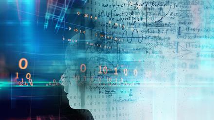 silhouette of virtual human on handwritten equations 3d illustration  , represent artificial 
technology and creativity education.
