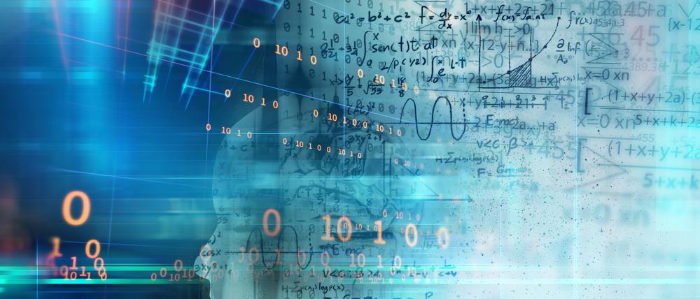 silhouette of virtual human on handwritten equations 3d illustration , represent artificial
technology and creativity education.