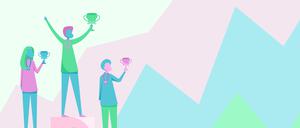 Three Competitors Drawing Standing On Podium Holding Trophies Celebrating Victory. Contestants Drawing Stands On Platform Wearing Medal Carrying Tournament Cups.