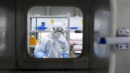  Ein Mitarbeiter des Coronavirus-Nachweislabors ´Huoyan» arbeitet an Nukleinsäuretests zum Nachweis des neuartigen Coronavirus.
